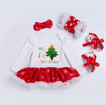 Christmas Gift Newborn Clothing Set Baby Girls Dress Cotton Mesh Ruffles Girl Christening Gowns 4pcs 1st Christmas Dress Set