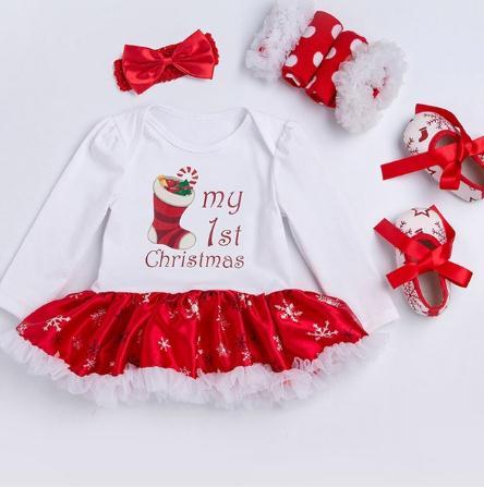 Christmas Gift Newborn Clothing Set Baby Girls Dress Cotton Mesh Ruffles Girl Christening Gowns 4pcs 1st Christmas Dress Set