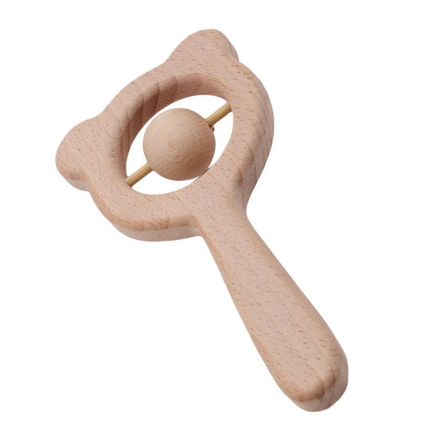 Wooden Rattle Beech Bear Hand Teething Wooden Ring Baby Rattles Play Gym Montessori Stroller Toy Educational Toys Let's Make