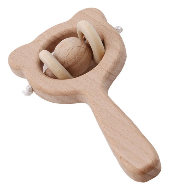 Wooden Rattle Beech Bear Hand Teething Wooden Ring Baby Rattles Play Gym Montessori Stroller Toy Educational Toys Let's Make