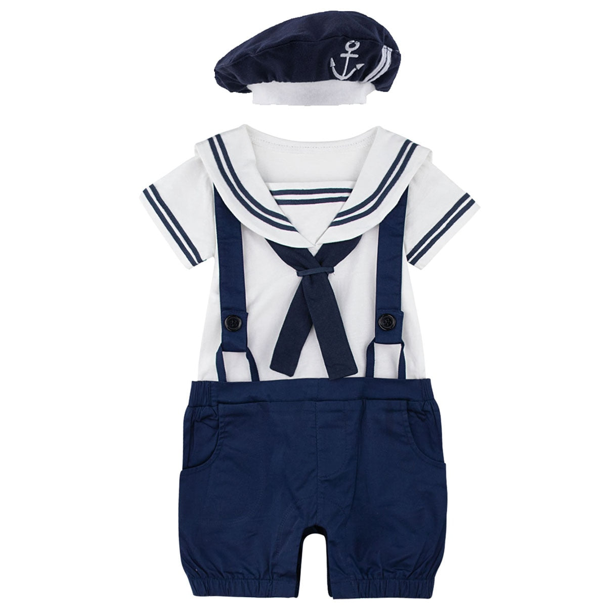 Newborn Baby Boys Girl Sailor Navy Style Romper Toddler Halloween 100% Cotton Suspender Jumpsuit Infant Braces with Hat Playsuit