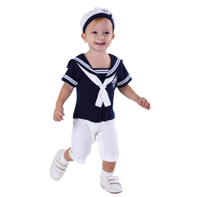 Newborn Baby Boys Girl Sailor Navy Style Romper Toddler Halloween 100% Cotton Suspender Jumpsuit Infant Braces with Hat Playsuit