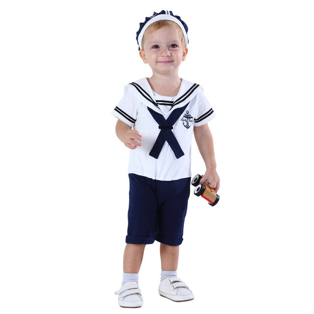 Newborn Baby Boys Girl Sailor Navy Style Romper Toddler Halloween 100% Cotton Suspender Jumpsuit Infant Braces with Hat Playsuit