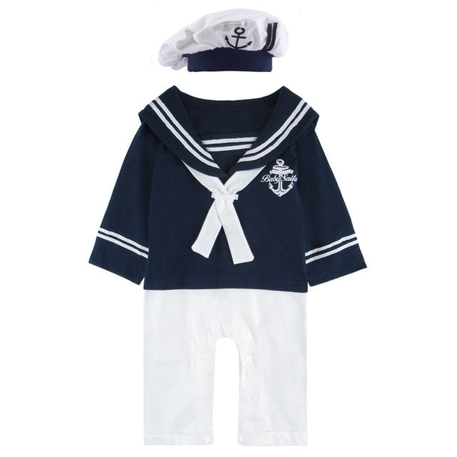 Newborn Baby Boys Girl Sailor Navy Style Romper Toddler Halloween 100% Cotton Suspender Jumpsuit Infant Braces with Hat Playsuit