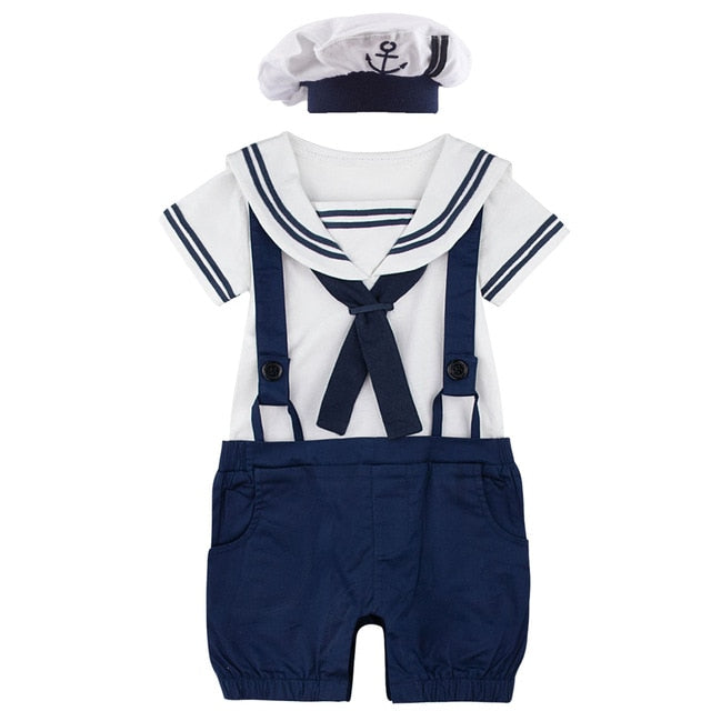 Newborn Baby Boys Girl Sailor Navy Style Romper Toddler Halloween 100% Cotton Suspender Jumpsuit Infant Braces with Hat Playsuit