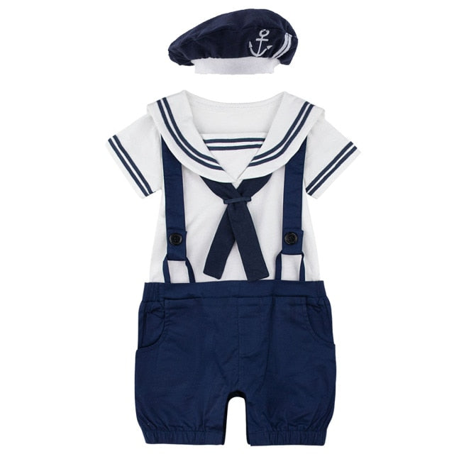 Newborn Baby Boys Girl Sailor Navy Style Romper Toddler Halloween 100% Cotton Suspender Jumpsuit Infant Braces with Hat Playsuit