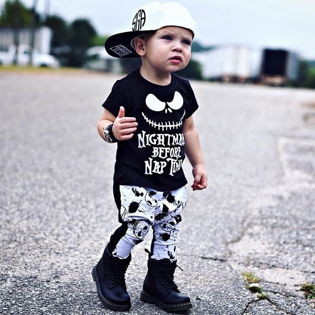 Infant Baby Boys Clothes Set Skull Halloween New Nightmare Before Nap Tops T-shirt+Print Pants 2PCS Baby Clothing Outfits