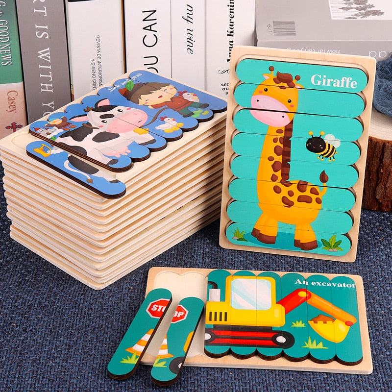 Double Sided Strip 3D Puzzles Baby Toy Wooden Montessori Materials Educational Toys For Children Large Bricks Kids Learning Toys