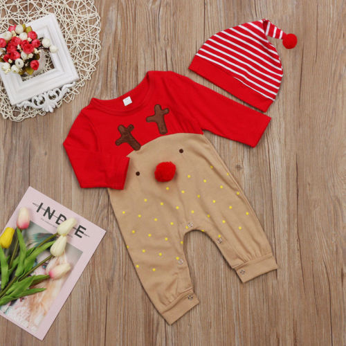 2 PCS Newborn Baby Boy Girl Christmas Rompers Babies XMAS Romper Clothing Set Lovely Cute Striped Hats Jumpsuit Outfits Clothes