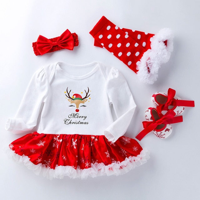 Christmas Gift Newborn Clothing Set Baby Girls Dress Cotton Mesh Ruffles Girl Christening Gowns 4pcs 1st Christmas Dress Set