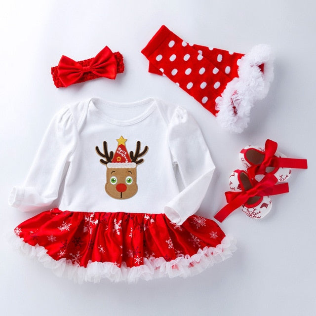 Christmas Gift Newborn Clothing Set Baby Girls Dress Cotton Mesh Ruffles Girl Christening Gowns 4pcs 1st Christmas Dress Set