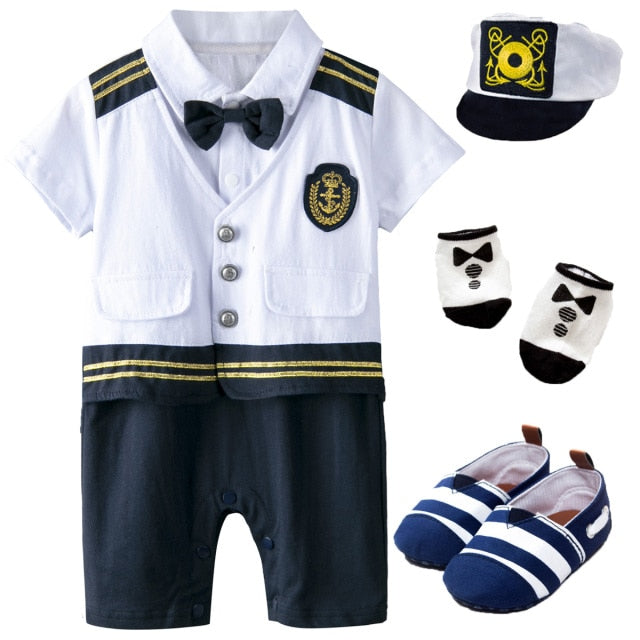 Baby Boys Captain Costume Romper With Hat Newborn Infant Halloween Cosplay Jumpsuit Outfit Toddler Skipper Sailor Playsuit