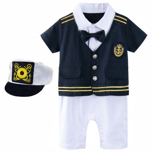 Baby Boys Captain Costume Romper With Hat Newborn Infant Halloween Cosplay Jumpsuit Outfit Toddler Skipper Sailor Playsuit