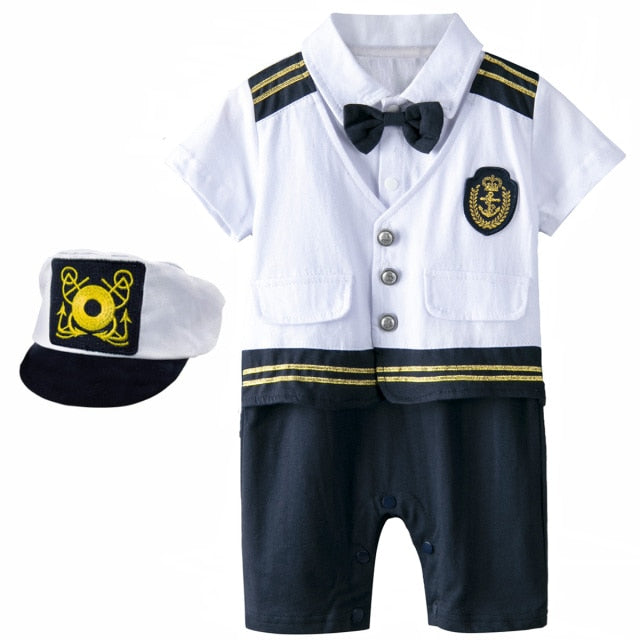 Baby Boys Captain Costume Romper With Hat Newborn Infant Halloween Cosplay Jumpsuit Outfit Toddler Skipper Sailor Playsuit