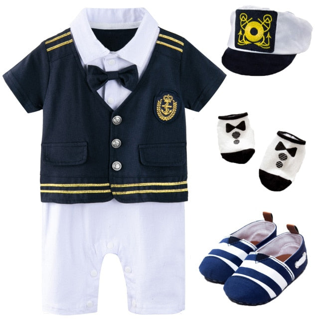 Baby Boys Captain Costume Romper With Hat Newborn Infant Halloween Cosplay Jumpsuit Outfit Toddler Skipper Sailor Playsuit