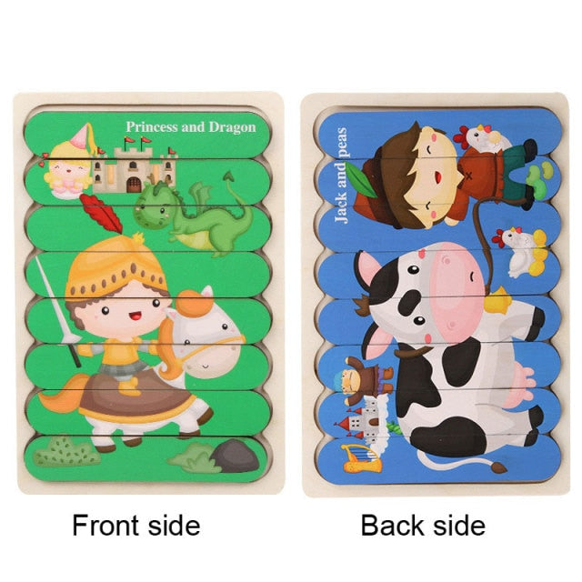 Kids Animal Montessori Puzzle 3D Double-sided Stripe Child Puzzle Wooden Toys Tell Story Educational Wooden Puzzles For Kids