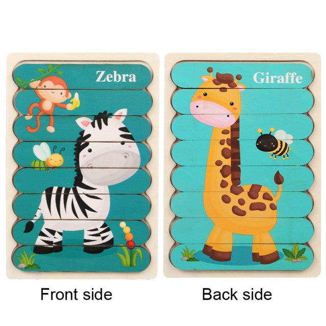 Kids Animal Montessori Puzzle 3D Double-sided Stripe Child Puzzle Wooden Toys Tell Story Educational Wooden Puzzles For Kids