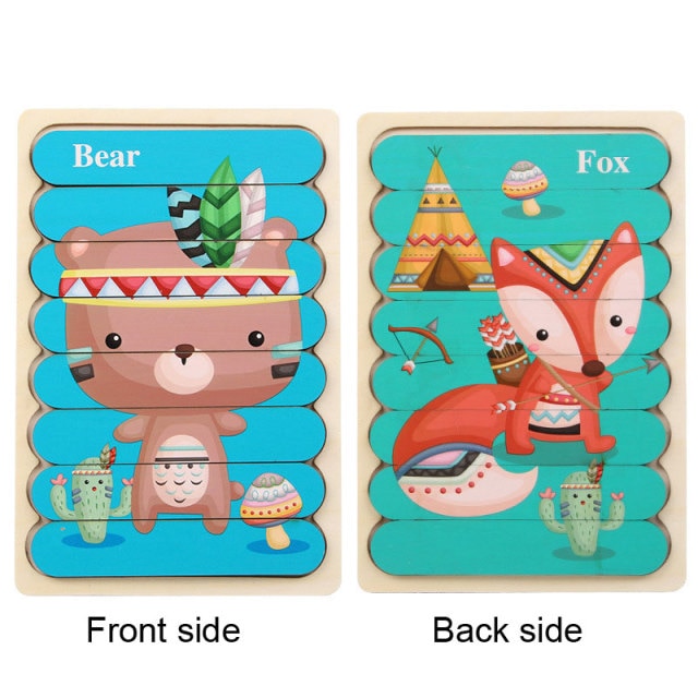 Kids Animal Montessori Puzzle 3D Double-sided Stripe Child Puzzle Wooden Toys Tell Story Educational Wooden Puzzles For Kids