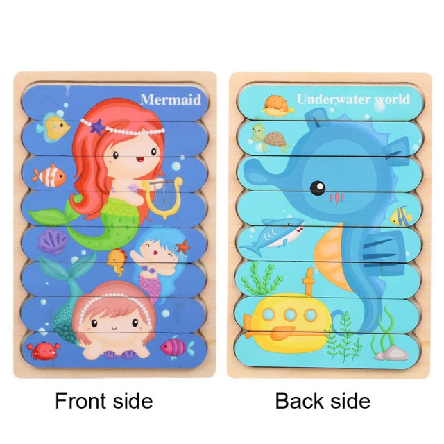 Kids Animal Montessori Puzzle 3D Double-sided Stripe Child Puzzle Wooden Toys Tell Story Educational Wooden Puzzles For Kids