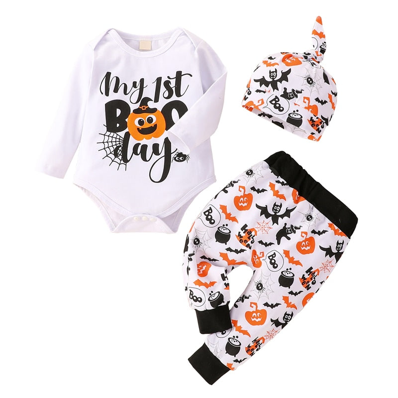 Lioraitiin 0-12M Infant Baby Boy Autumn 3Pcs Halloween Clothing Set Long Sleeve Letter Printed Romper Top Long Pants Hats