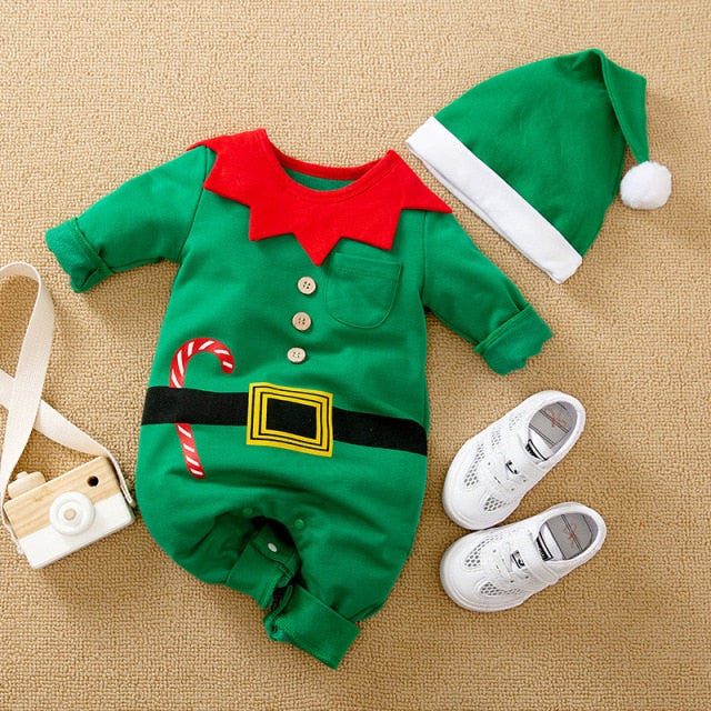 Toddler Boys Girls Rompers Kids Baby Christmas Costume Santa Claus Red Jumpsuits + Hats 2pcs Cotton Outfits For Newborn 0-24M