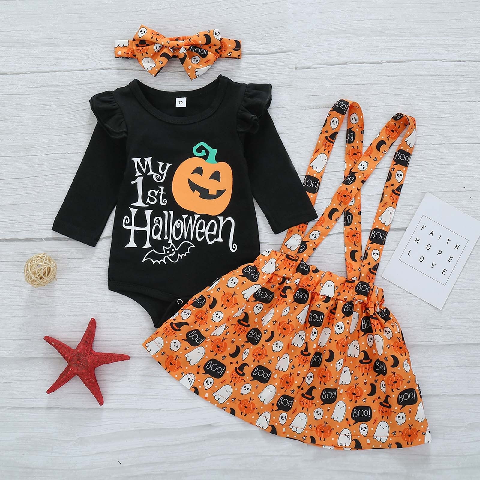 Newborn Infant Girls Halloween Pumpkin Romper Strap Skirt Headband Clothes Outfits Autumn Fashion Baby Girl Clothes Set 2021