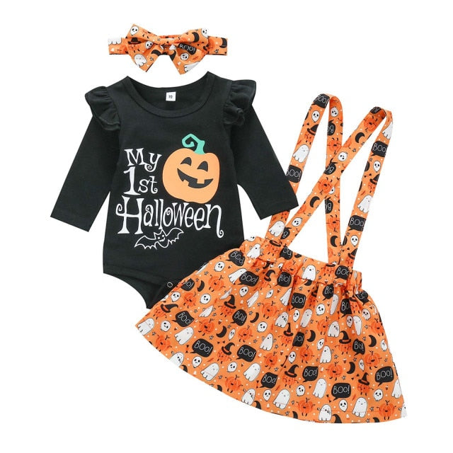 Newborn Infant Girls Halloween Pumpkin Romper Strap Skirt Headband Clothes Outfits Autumn Fashion Baby Girl Clothes Set 2021