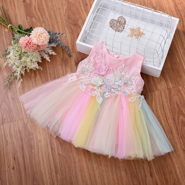 Yoliyolei Rainbow Baby Kids Dress Tulle Colorful Cute Toddler Clothes 0-24M Appliques Sweet Girls Dresses for Birthday Halloween