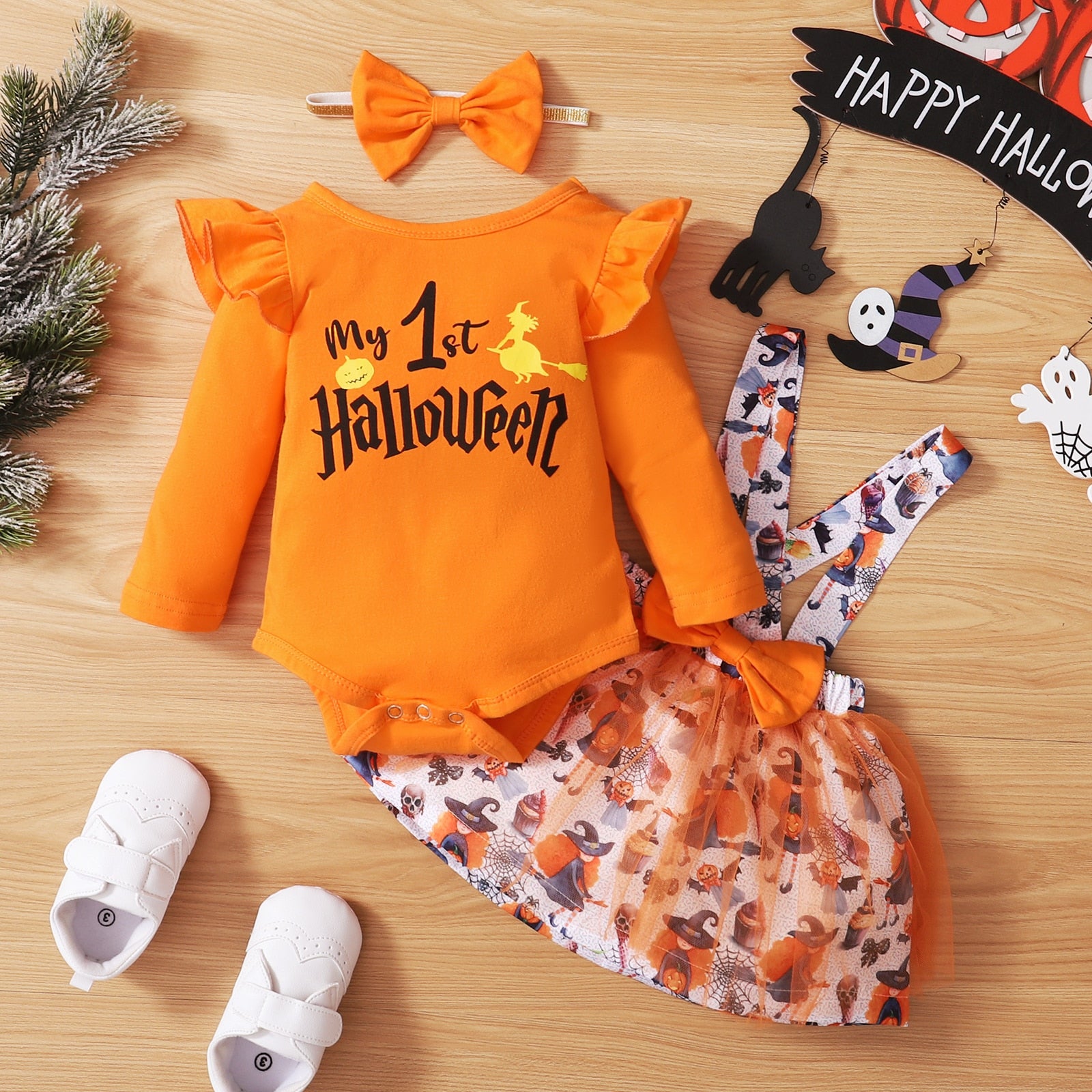 Newborn Toddler Baby Clothes My First Halloween Romper Strap Skirt Bow Hair Accessory Witch Pattern Spring Children's Clothing