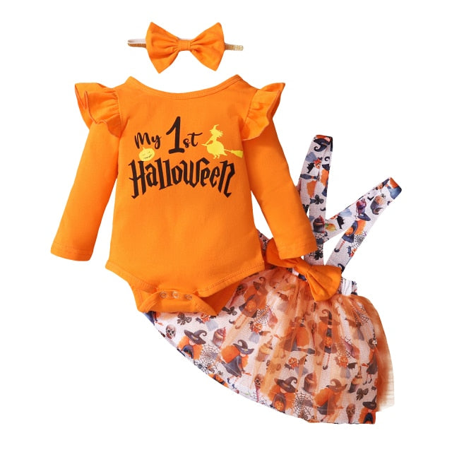 Newborn Toddler Baby Clothes My First Halloween Romper Strap Skirt Bow Hair Accessory Witch Pattern Spring Children's Clothing