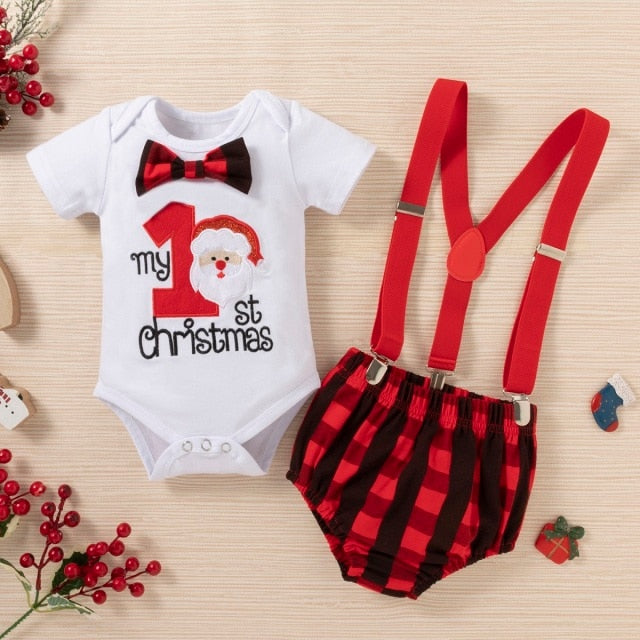 Baby Boy Clothes My First Christmas Baby Costume Boys 1st Gentleman Tie Romper PP Shorts 2Pcs Toddler Baby Clothing Boys Outfits