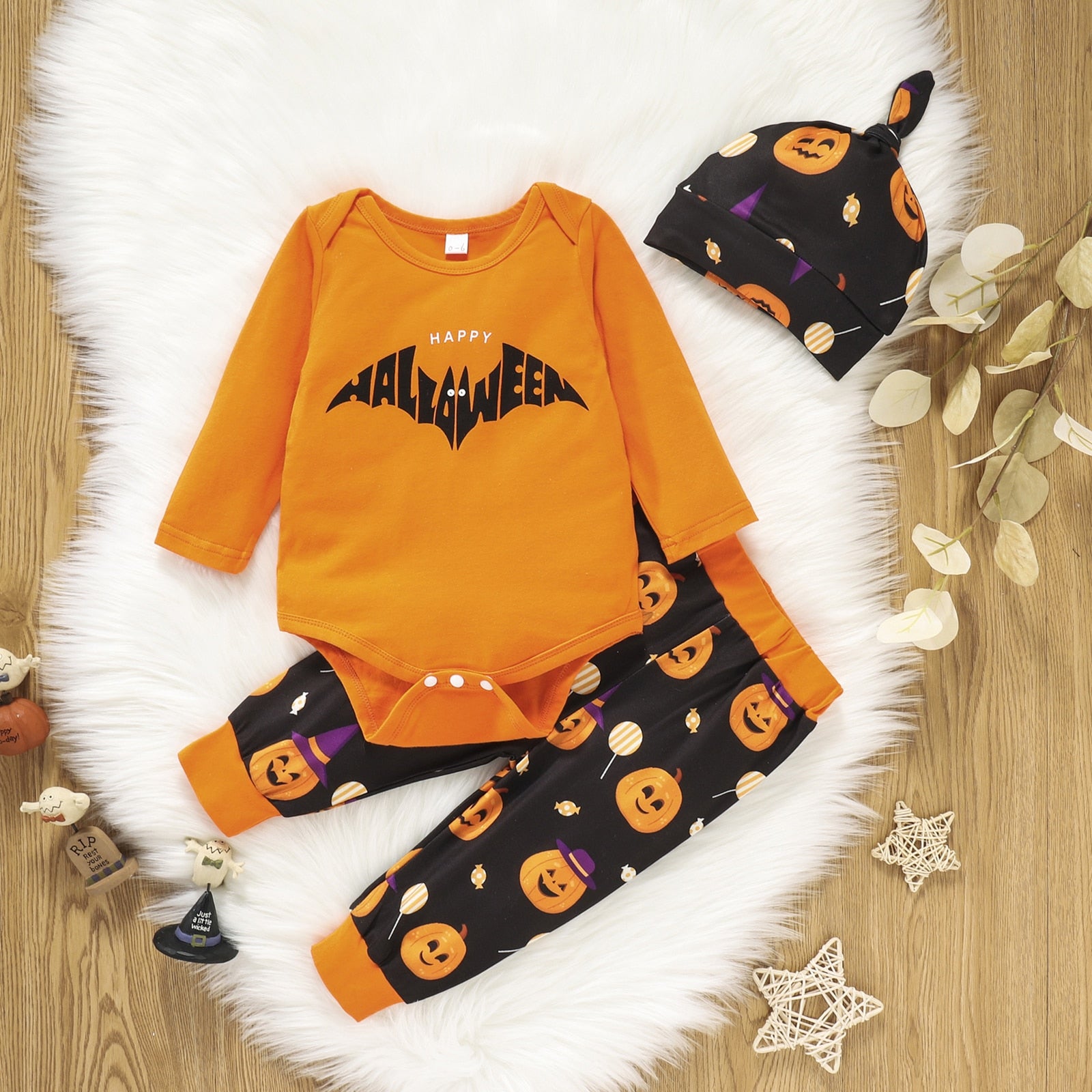 Pudcoco Halloween 3Pcs 0-2Y Baby Clothes Set Bat Long Sleeve Romper Pumpkin Trousers with Hat 2021 Boy Girl Toddle Suit Outfit