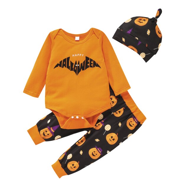 Pudcoco Halloween 3Pcs 0-2Y Baby Clothes Set Bat Long Sleeve Romper Pumpkin Trousers with Hat 2021 Boy Girl Toddle Suit Outfit