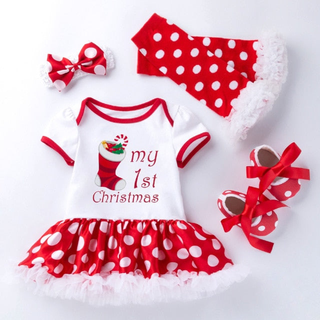 Christmas Gift Newborn Clothing Set Baby Girls Dress Cotton Mesh Ruffles Girl Christening Gowns 4pcs 1st Christmas Dress Set