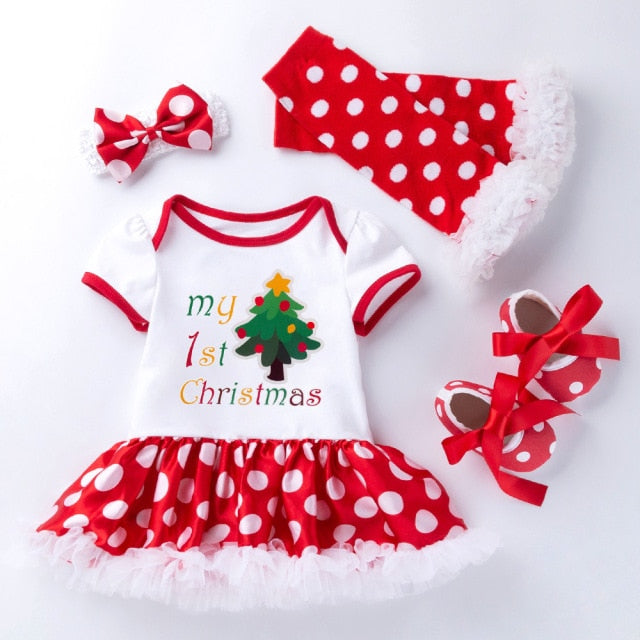 Christmas Gift Newborn Clothing Set Baby Girls Dress Cotton Mesh Ruffles Girl Christening Gowns 4pcs 1st Christmas Dress Set