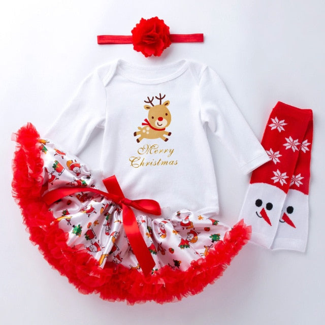 Christmas Gift Newborn Clothing Set Baby Girls Dress Cotton Mesh Ruffles Girl Christening Gowns 4pcs 1st Christmas Dress Set