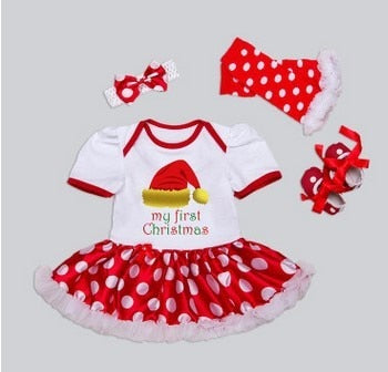 Christmas Gift Newborn Clothing Set Baby Girls Dress Cotton Mesh Ruffles Girl Christening Gowns 4pcs 1st Christmas Dress Set