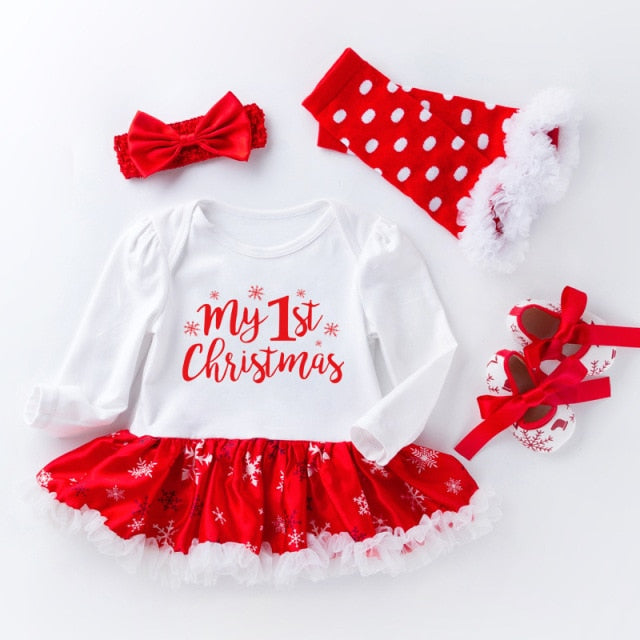 Christmas Gift Newborn Clothing Set Baby Girls Dress Cotton Mesh Ruffles Girl Christening Gowns 4pcs 1st Christmas Dress Set