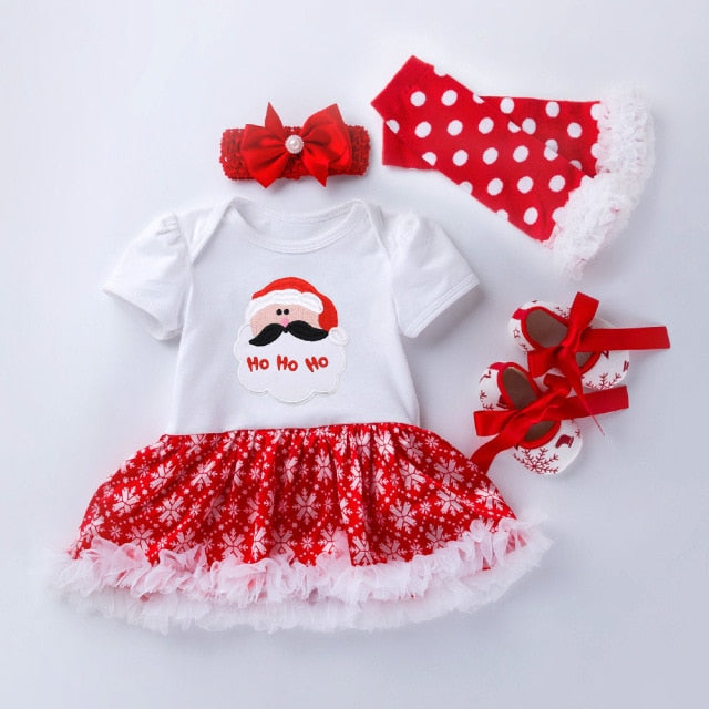 Christmas Gift Newborn Clothing Set Baby Girls Dress Cotton Mesh Ruffles Girl Christening Gowns 4pcs 1st Christmas Dress Set