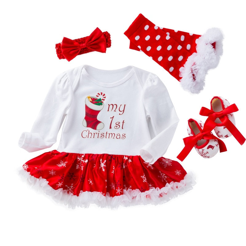 My First Chrismas Baby Clothing Long Sleeve Set Newborn Infant Girls Christmas Hat Romper Dress Tutu Hairband Shoes Set