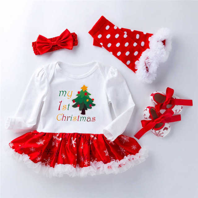 My First Chrismas Baby Clothing Long Sleeve Set Newborn Infant Girls Christmas Hat Romper Dress Tutu Hairband Shoes Set