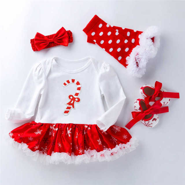 My First Chrismas Baby Clothing Long Sleeve Set Newborn Infant Girls Christmas Hat Romper Dress Tutu Hairband Shoes Set