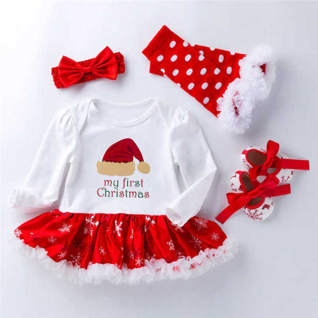 My First Chrismas Baby Clothing Long Sleeve Set Newborn Infant Girls Christmas Hat Romper Dress Tutu Hairband Shoes Set