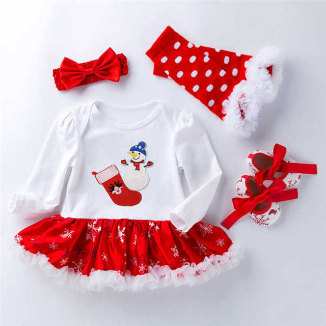 My First Chrismas Baby Clothing Long Sleeve Set Newborn Infant Girls Christmas Hat Romper Dress Tutu Hairband Shoes Set