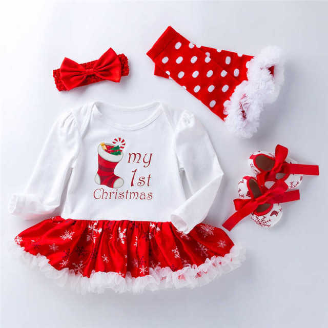 My First Chrismas Baby Clothing Long Sleeve Set Newborn Infant Girls Christmas Hat Romper Dress Tutu Hairband Shoes Set