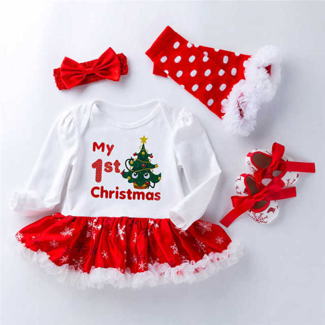 My First Chrismas Baby Clothing Long Sleeve Set Newborn Infant Girls Christmas Hat Romper Dress Tutu Hairband Shoes Set