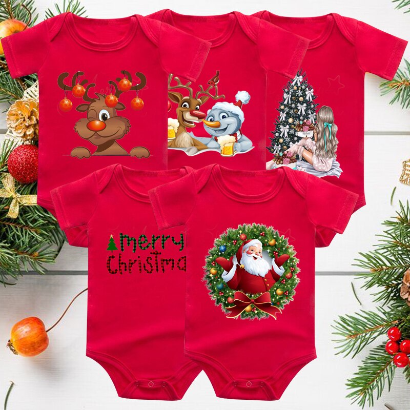 Ecavus Baby Jumpsuit Santa Claus Cute New Year Boys and Girls Red Short-sleeved New Year Suit Christmas Children's Clothing