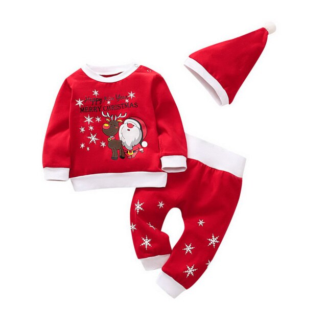 Christmas Baby Boys Girls 3Pcs Outfits Set Round Neck Long Sleeve Pullover Snowflake Cute Print Pant Hat Clothing Party Xmas