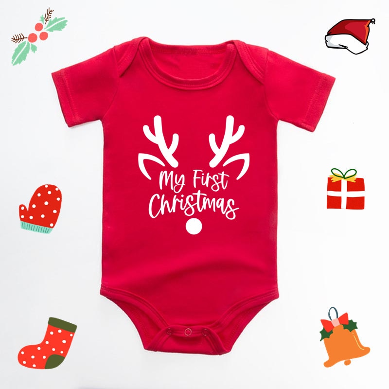 It's My First Christmas Reindeer Print New Year's Baby Clothes Red Bodysuit Cotton Christmas Romper Cute Infant Jumpsuit