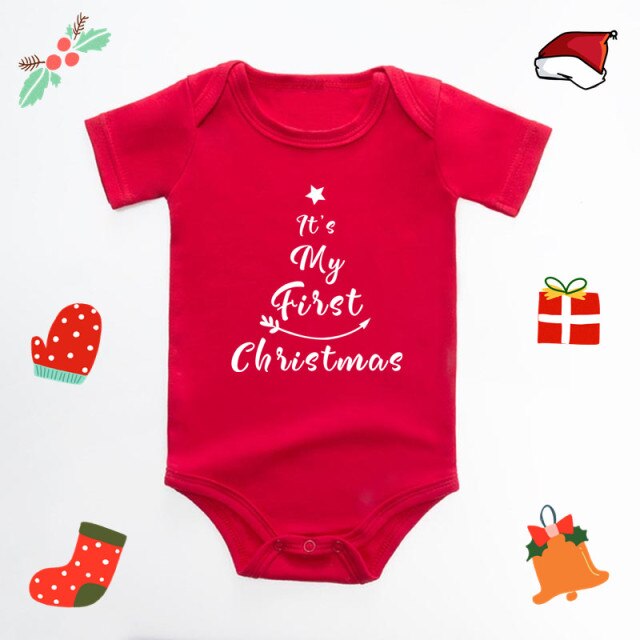 It's My First Christmas Reindeer Print New Year's Baby Clothes Red Bodysuit Cotton Christmas Romper Cute Infant Jumpsuit